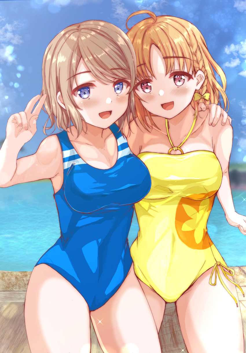 2girls ahoge blue_eyes blue_sky blue_swimsuit braid casual_one-piece_swimsuit clouds commentary_request competition_swimsuit cowboy_shot fushimi_asuha grey_hair highres looking_at_viewer love_live! love_live!_sunshine!! multiple_girls one-piece_swimsuit orange_hair red_eyes ribbon short_hair side_braid sky swimsuit takami_chika v watanabe_you yellow_ribbon yellow_swimsuit