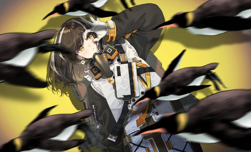 1girl arknights bird black_sleeves brown_hair coat commentary earrings gloves hand_up jewelry lying magallan_(arknights) mask mask_around_neck medium_hair multicolored_hair namesake on_back osa3ume3_3 penguin solo streaked_hair upper_body white_coat white_gloves white_hair yellow_background yellow_eyes