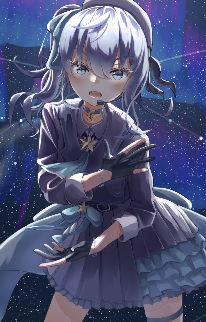 1girl arms_up asakura_(asa_t77) belt black_gloves blue_choker blue_eyes blue_hair bracelet chain_necklace choker commentary_request contrapposto cowboy_shot cravat fingerless_gloves frilled_skirt frills gloves grey_headwear grey_shirt grey_skirt grey_vest hair_between_eyes hat headset highres hololive hoshimachi_suisei jewelry layered_skirt leaning_forward long_sleeves looking_at_viewer necklace one_side_up open_mouth pendant pleated_skirt shirt short_hair skirt slit_pupils solo standing star_(symbol) starry_background thigh_strap vest virtual_youtuber