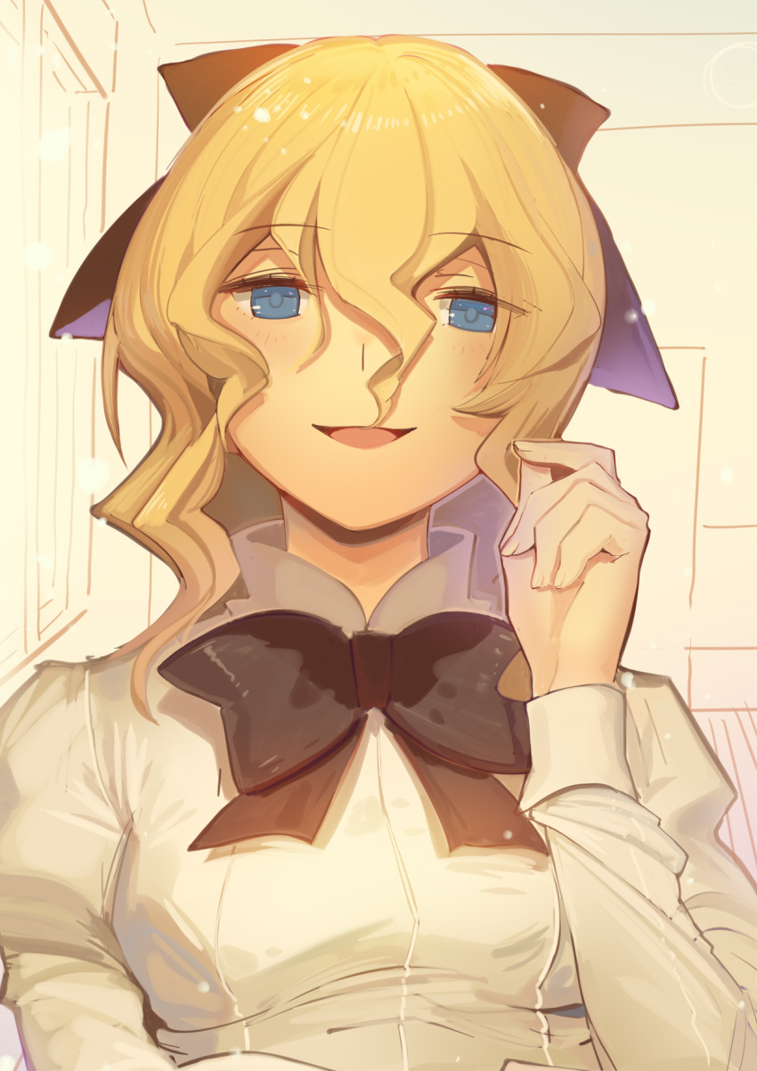 1girl black_bow black_neckwear blonde_hair blouse blue_eyes blush boa_(brianoa) bow bowtie breasts collared_blouse eyebrows_visible_through_hair hair_between_eyes hair_bow hand_on_own_cheek hand_on_own_face highres juliet_sleeves katawa_shoujo long_hair long_sleeves medium_breasts open_mouth puffy_sleeves satou_lilly school_uniform tsurime upper_body wavy_hair white_blouse yamaku_high_school_uniform