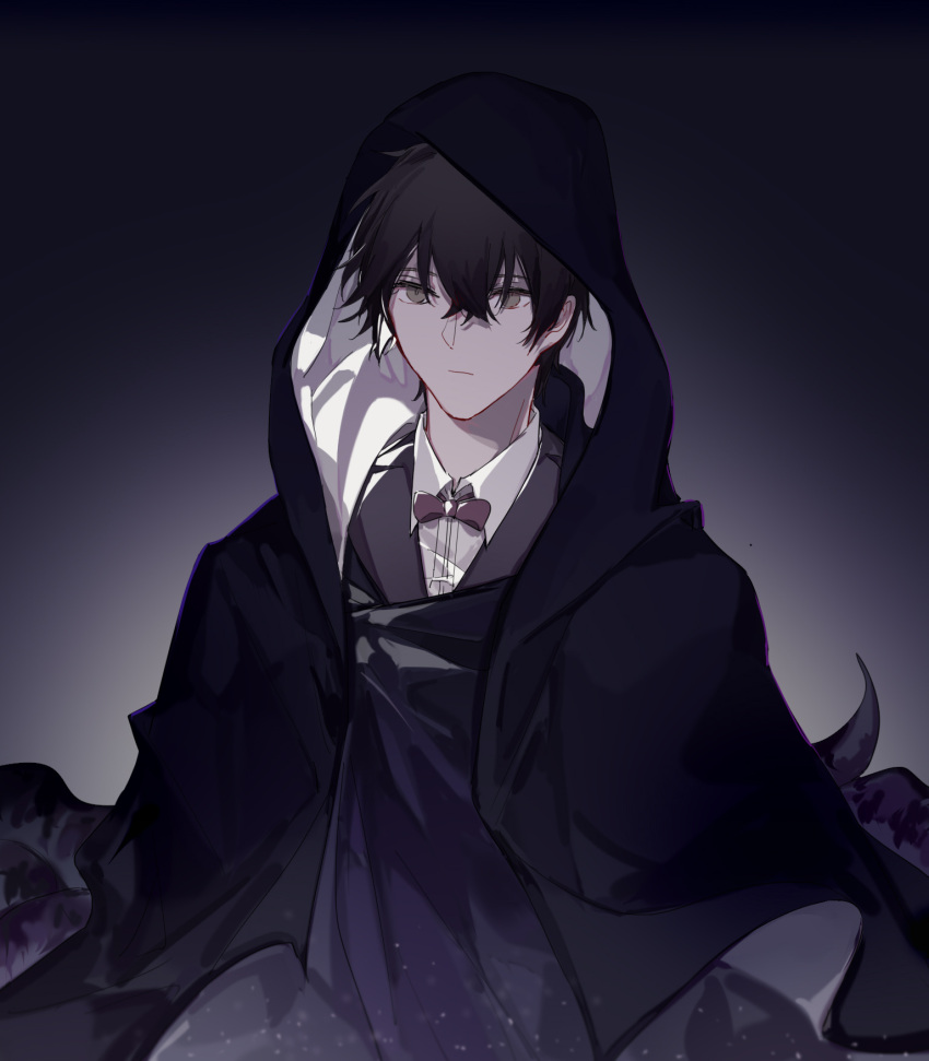 1boy bangs black_cloak black_hair black_jacket bow bowtie brown_eyes chinese_commentary cloak closed_mouth commentary_request empty_eyes gaural gradient gradient_background highres hood hooded_cloak jacket klein_moretti looking_ahead lord_of_the_mysteries red_neckwear shirt short_hair simple_background solo tentacles white_shirt