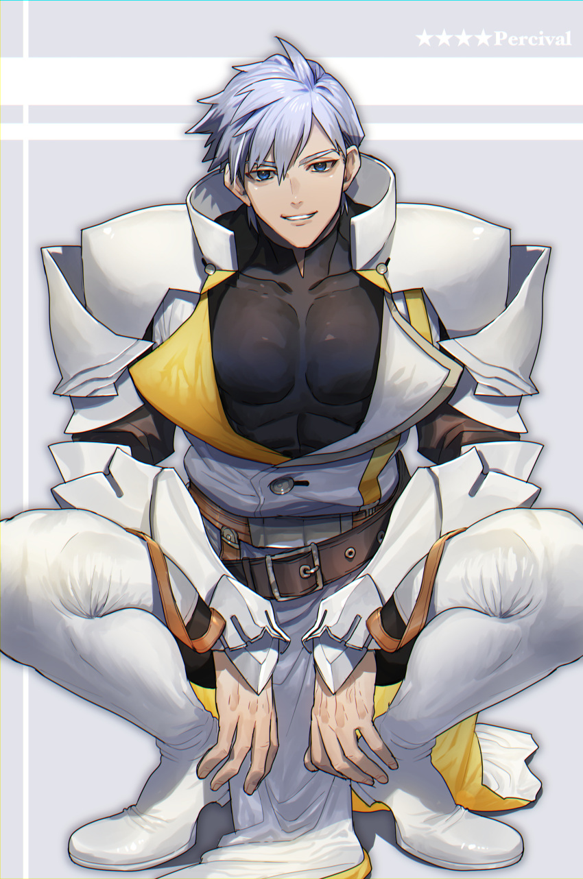 1boy absurdres armor black_bodysuit blue_eyes bodysuit boots fate/grand_order fate_(series) grey_hair highres knee_boots large_pectorals looking_at_viewer male_focus muscular muscular_male none_(kameko227) pectorals percival_(fate) short_hair shoulder_armor simple_background smile solo