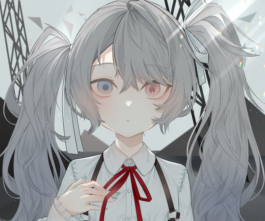 1girl absurdres aqua_eyes aqua_nails asymmetrical_hair bags_under_eyes frilled_cuffs frilled_shirt frills grey_hair hair_ribbon hatsune_miku heterochromia highres lens_flare light_particles light_rays long_hair messy_hair muted_color necktie nonda. pale_skin project_sekai red_eyes red_ribbon ribbon scaffolding shirt solo suspenders twintails very_long_hair vocaloid