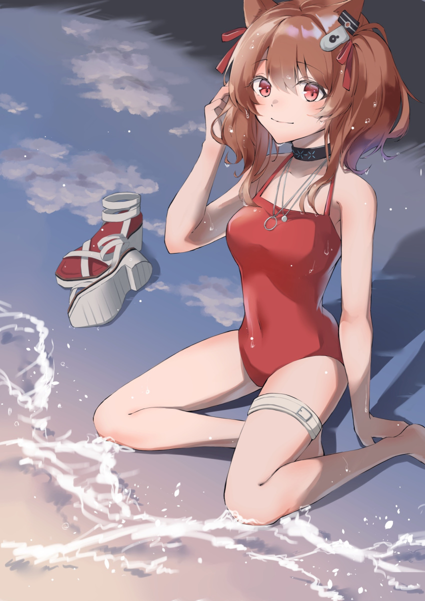1girl angelina_(arknights) angelina_(summer_flowers)_(arknights) animal_ears arknights bangs bare_legs bare_shoulders blush brown_hair closed_mouth eyebrows_visible_through_hair fox_ears fox_girl highres infection_monitor_(arknights) long_hair red_eyes sena_iroiro solo swimsuit twintails