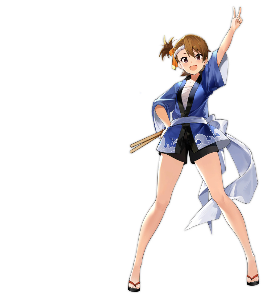 1girl azur_lane brown_hair drumsticks futami_ami futami_ami_(summer_flowers_and_sizzling_beats) geta hair_ornament highres idolmaster idolmaster_(classic) instrument japanese_clothes lantern looking_at_viewer official_alternate_costume official_art open_mouth short_hair short_shorts shorts transparent_background v wide_sleeves