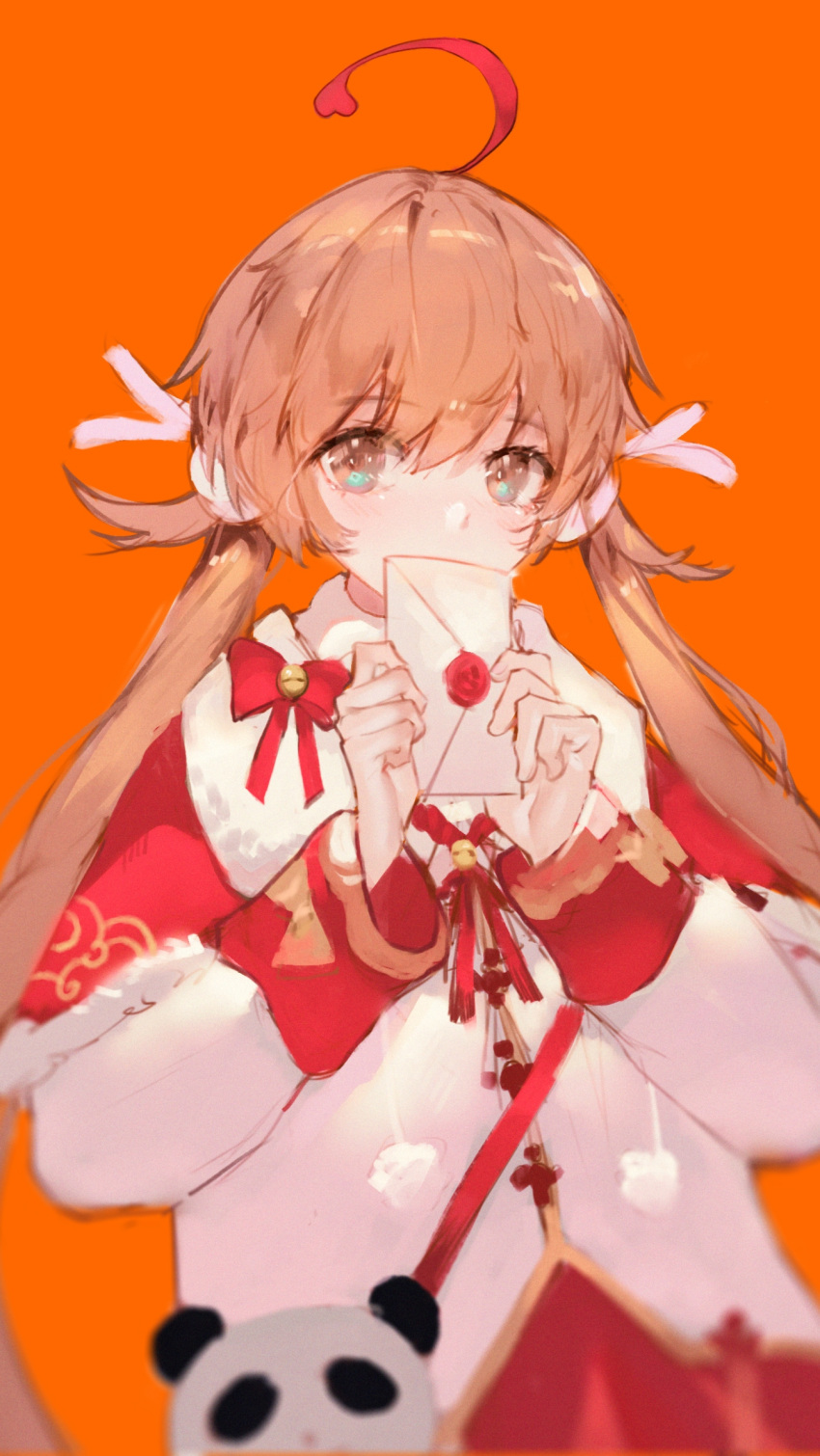 1girl ahoge bangs bow brown_eyes brown_hair capelet chinese_commentary coat commentary_request covered_mouth eyebrows_visible_through_hair hands_up highres holding holding_letter letter long_sleeves looking_at_viewer orange_background panda red_bow red_capelet shinka_musume shinka_musume_channel simple_background solo twintails upper_body white_coat yiyuer