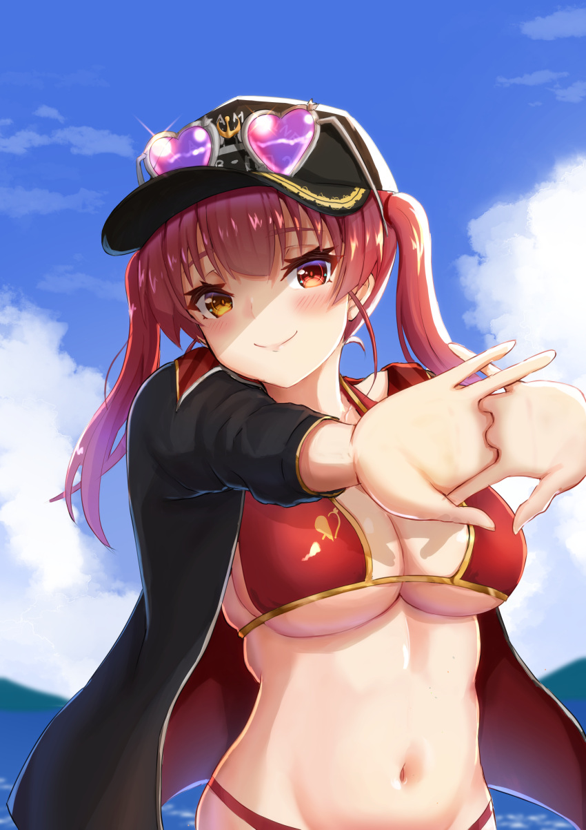 1girl bangs bikini black_jacket blue_sky blush breasts closed_mouth eyewear_on_headwear hands_clasped hat head_tilt heart heart-shaped_eyewear heterochromia highres hololive houshou_marine iva23_iva23 jacket large_breasts lips long_hair navel outstretched_arms own_hands_together red_bikini red_eyes redhead shaded_face shadow sky smile solo stretch sunglasses sunlight swimsuit twintails upper_body virtual_youtuber yellow_eyes