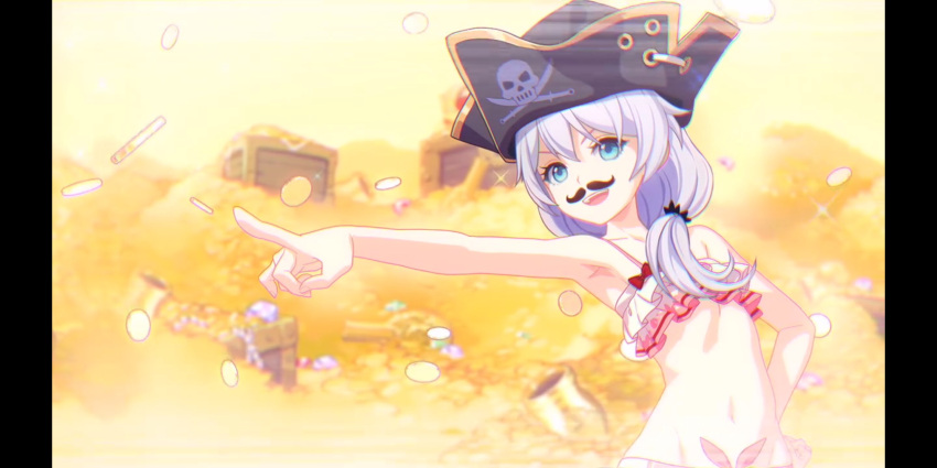 1girl :d armpits artist_request beard bikini blue_eyes coin facial_hair frilled_bikini frills gold hat highres honkai_(series) honkai_impact_3rd looking_at_viewer navel official_art open_mouth outstretched_arm pirate_hat pointing side_ponytail smile solo swimsuit teeth theresa_apocalypse treasure treasure_chest tricorne white_bikini white_hair