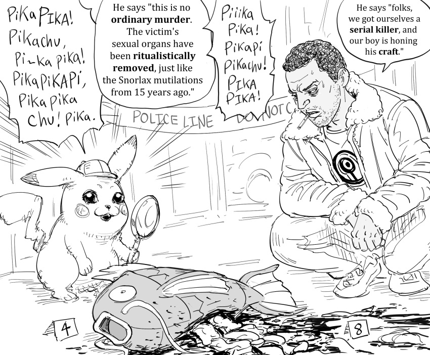 bb_(baalbuddy) blood cigarette commentary detective_pikachu detective_pikachu_(character) english_commentary english_text facial_hair gen_1_pokemon greyscale highres jacket magikarp monochrome mouth_hold open_mouth parody parted_lips pikachu pokemon police short_hair simple_background squatting stubble sweatdrop very_short_hair white_background
