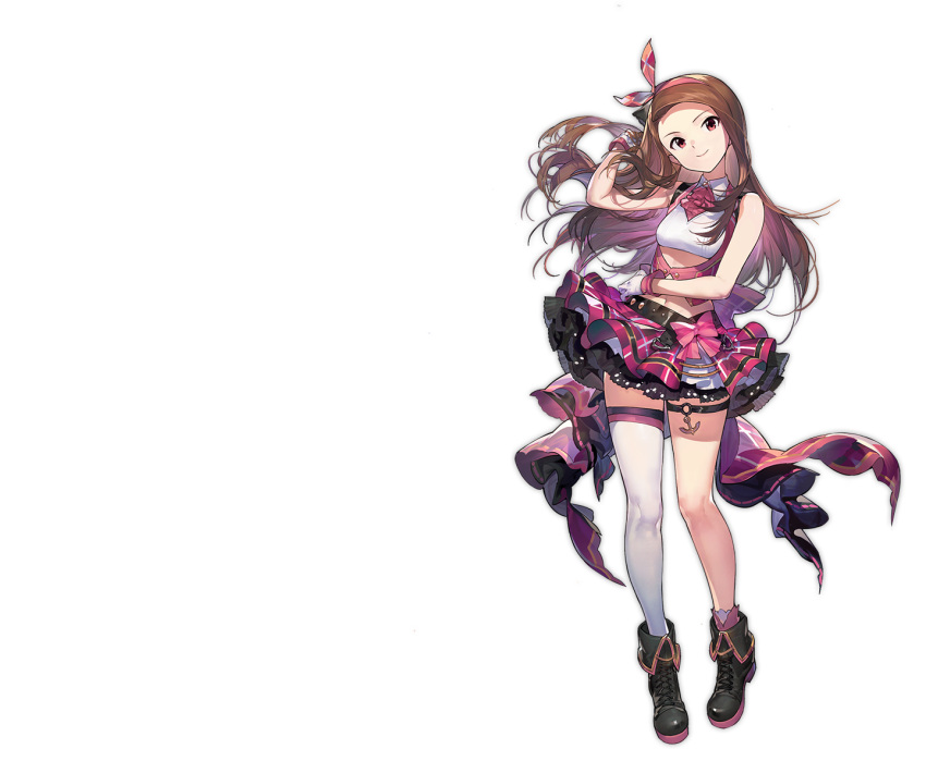 1girl artist_request azur_lane brown_hair closed_eyes full_body idolmaster idolmaster_(classic) long_hair looking_at_viewer minase_iori official_art one_eye_closed open_mouth pink_skirt plaid plaid_skirt single_thighhigh skirt smile solo thigh-highs transparent_background violet_eyes white_legwear