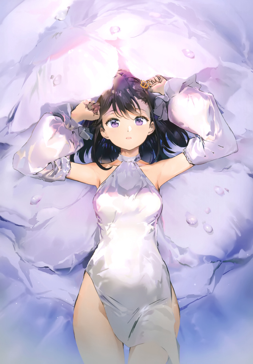 1girl absurdres anmi armpits bangs bare_shoulders black_hair breasts collarbone crown detached_sleeves dress hair_ornament halterneck highres looking_at_viewer lying medium_breasts mini_crown on_back open_mouth original petals scan shiny shiny_hair simple_background solo thighs violet_eyes water water_drop white_dress