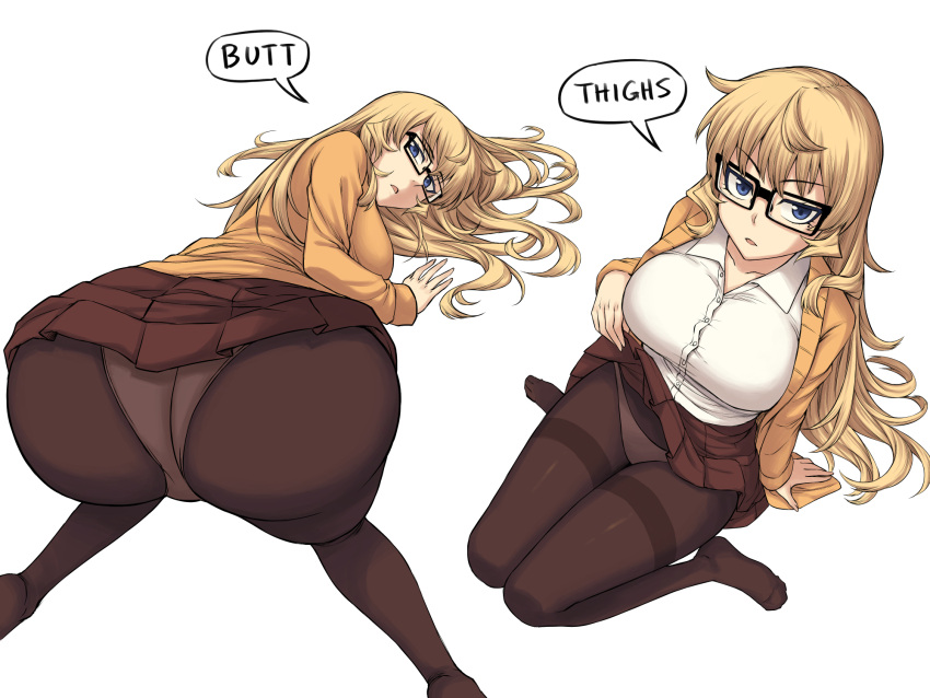 1girl ass bespectacled black-framed_eyewear black_legwear blonde_hair blue_eyes breasts brown_skirt collar collarbone commentary english_commentary english_text furi2play! glasses highres jacket kneeling large_breasts long_hair looking_at_viewer margit_hartmann multiple_views open_mouth orange_jacket panties pantyhose peach_(momozen) shirt simple_background skirt solo speech_bubble thighs underwear very_long_hair white_background white_shirt