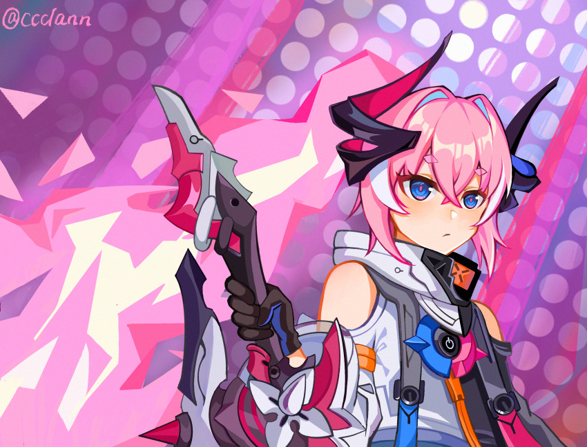 1girl :/ absurdres bangs black_gloves black_horns black_jacket blue_eyes ccclann closed_mouth clothing_cutout commentary_request expressionless eyebrows_visible_through_hair gloves hair_between_eyes hair_intakes highres holding holding_weapon honkai_(series) honkai_impact_3rd horns huge_filesize jacket long_hair pink_hair pink_pupils polka_dot polka_dot_background power_symbol purple_background rozaliya_olenyeva rozaliya_olenyeva_(fervent_tempo) shoulder_cutout solo sword thick_eyebrows twitter_username weapon white_jacket