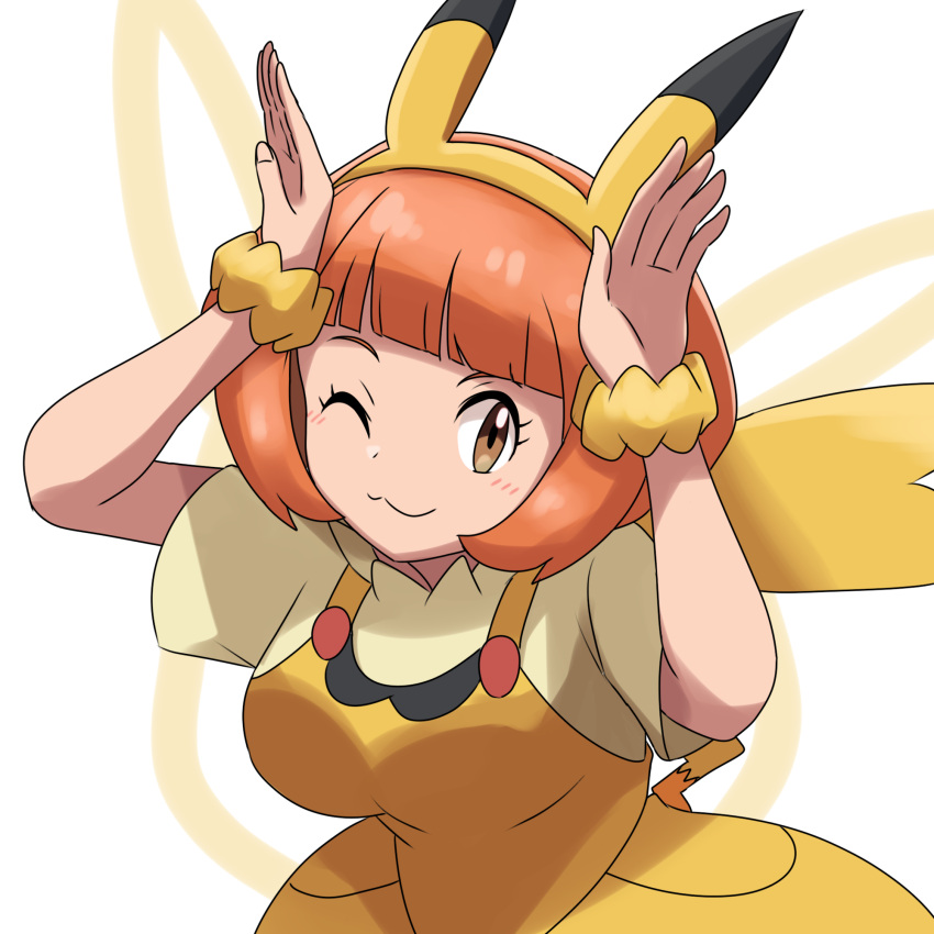 1girl :3 arms_up bangs blunt_bangs blush breasts brown_eyes closed_mouth commentary_request dress eyelashes hairband highres looking_at_viewer one_eye_closed orange_hair pikala pokemon pokemon_(anime) pokemon_ears pokemon_sm_(anime) pokemon_tail saon101 scrunchie shirt short_hair short_sleeves smile solo tail white_background wrist_scrunchie yellow_dress yellow_hairband