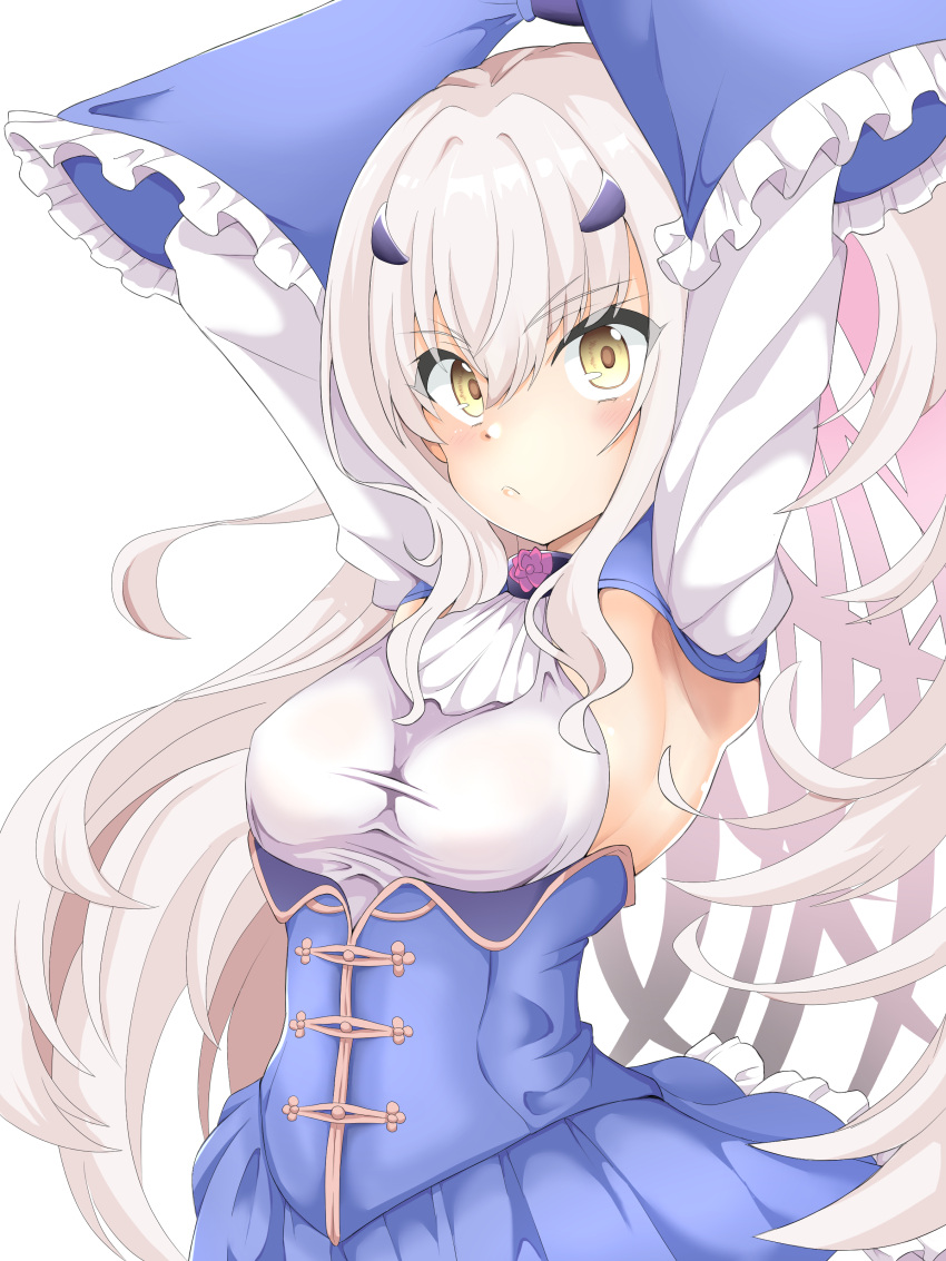 1girl absurdres akatama_man armpits arms_behind_head arms_up backless_dress backless_outfit blue_dress breasts dress fairy_knight_lancelot_(fate) fate/grand_order fate_(series) frills gloves highres long_hair long_sleeves looking_at_viewer sidelocks small_breasts solo white_hair yellow_eyes