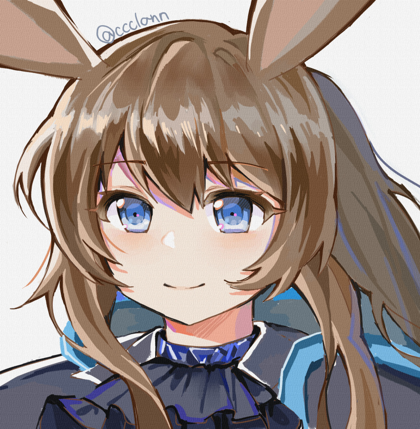 1girl absurdres amiya_(arknights) animal_ears arknights ascot bangs black_jacket black_neckwear blue_eyes brown_hair ccclann closed_mouth commentary_request english_commentary eyebrows_visible_through_hair highres huge_filesize jacket long_hair looking_at_viewer mixed-language_commentary portrait rabbit_ears simple_background smile solo twitter_username white_background