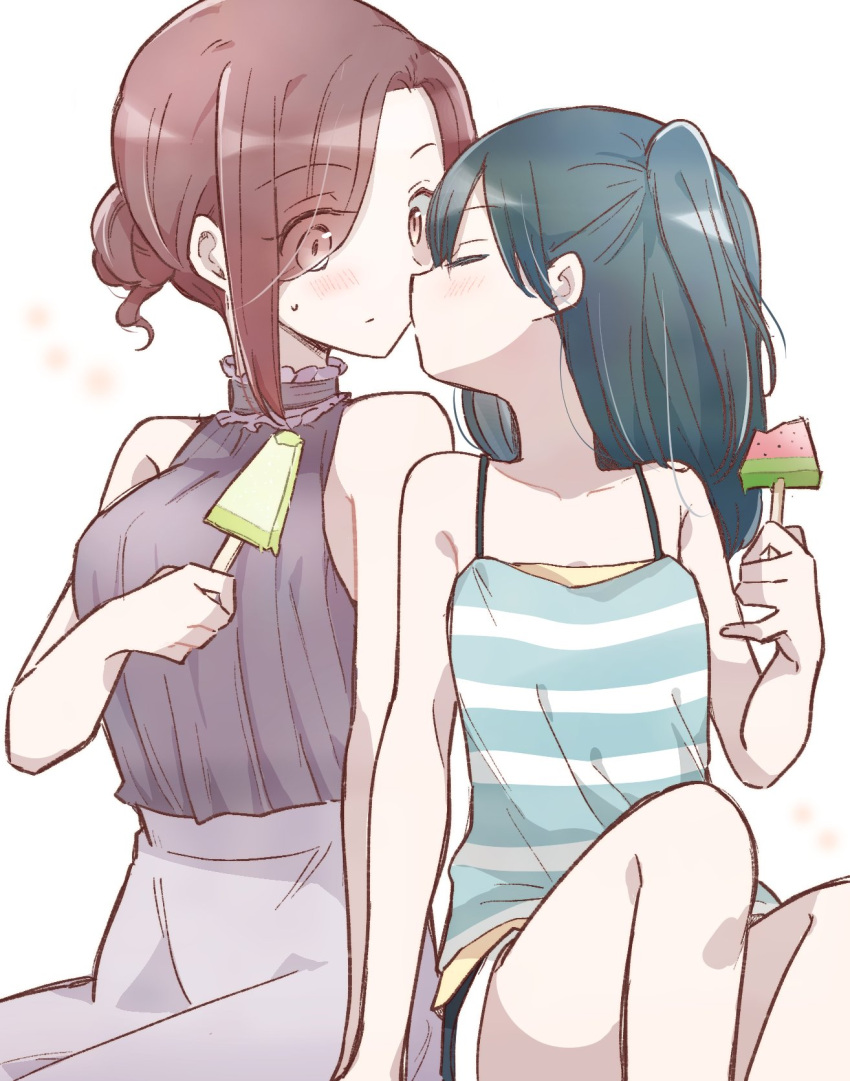 2girls 66ta1yak1 age_difference blue_hair closed_eyes commentary_request eyebrows_visible_through_hair eyes_visible_through_hair food hanamura_sayaka hanamura_yuuki highres imminent_kiss incest mother_and_daughter multiple_girls popsicle red_eyes redhead shirt short_hair simple_background sitting sleeveless sleeveless_shirt striped striped_shirt watermelon_bar white_background yuri yuru_oyako