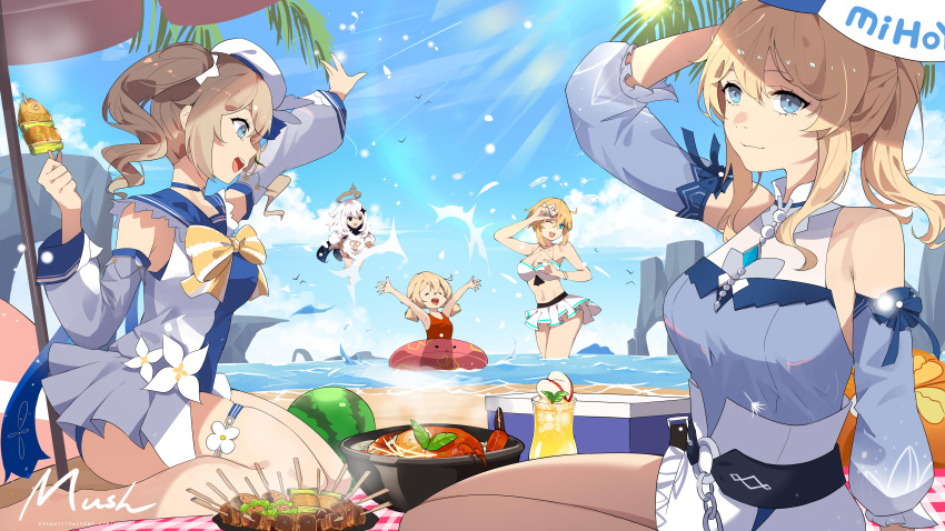5girls ;d ^_^ ^o^ absurdres ahoge alternate_costume arms_up bangs barbara_(genshin_impact) barbara_(summertime_sparkle)_(genshin_impact) beach bikini black_eyes blonde_hair blue_eyes blue_sky bow choker closed_eyes clouds cloudy_sky commentary_request detached_sleeves eyebrows_visible_through_hair floating flower genshin_impact hair_between_eyes hair_bow hair_flower hair_ornament hair_ribbon hat highres horizon in_water innertube island jean_(genshin_impact) jean_(sea_breeze_dandelion)_(genshin_impact) klee_(genshin_impact) light_brown_hair long_hair low_twintails lumine_(genshin_impact) multiple_girls mush_(mushlicious) navel ocean one_eye_closed open_mouth outstretched_arms paimon_(genshin_impact) pointy_ears ponytail red_swimsuit ribbon short_hair short_hair_with_long_locks sidelocks sitting sky smile spread_arms swimsuit twintails wariza white_bikini white_hair