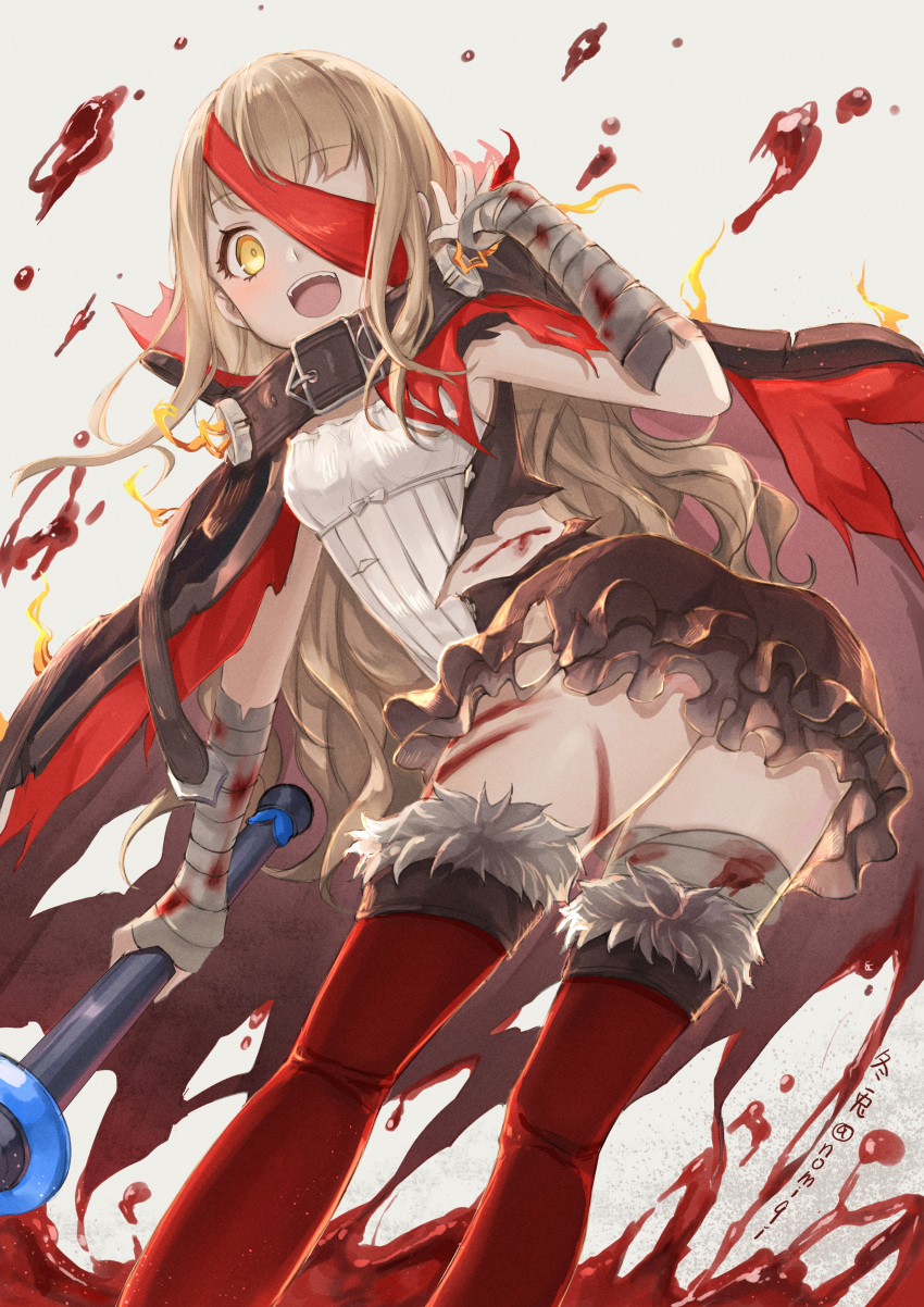 1girl absurdres bandages bangs blonde_hair blood blood_splatter bloody_bandages blunt_bangs boots buckle cape dress eyepatch fang fur_trim grey_background happy highres holding holding_weapon hood little_red_riding_hood_(sinoalice) long_hair looking_at_viewer multiple_views nomi_(kurocxx110) one_eye_covered open_mouth scratches sidelocks simple_background sinoalice solo thigh-highs thigh_boots torn_cape torn_clothes turnaround wavy_hair weapon