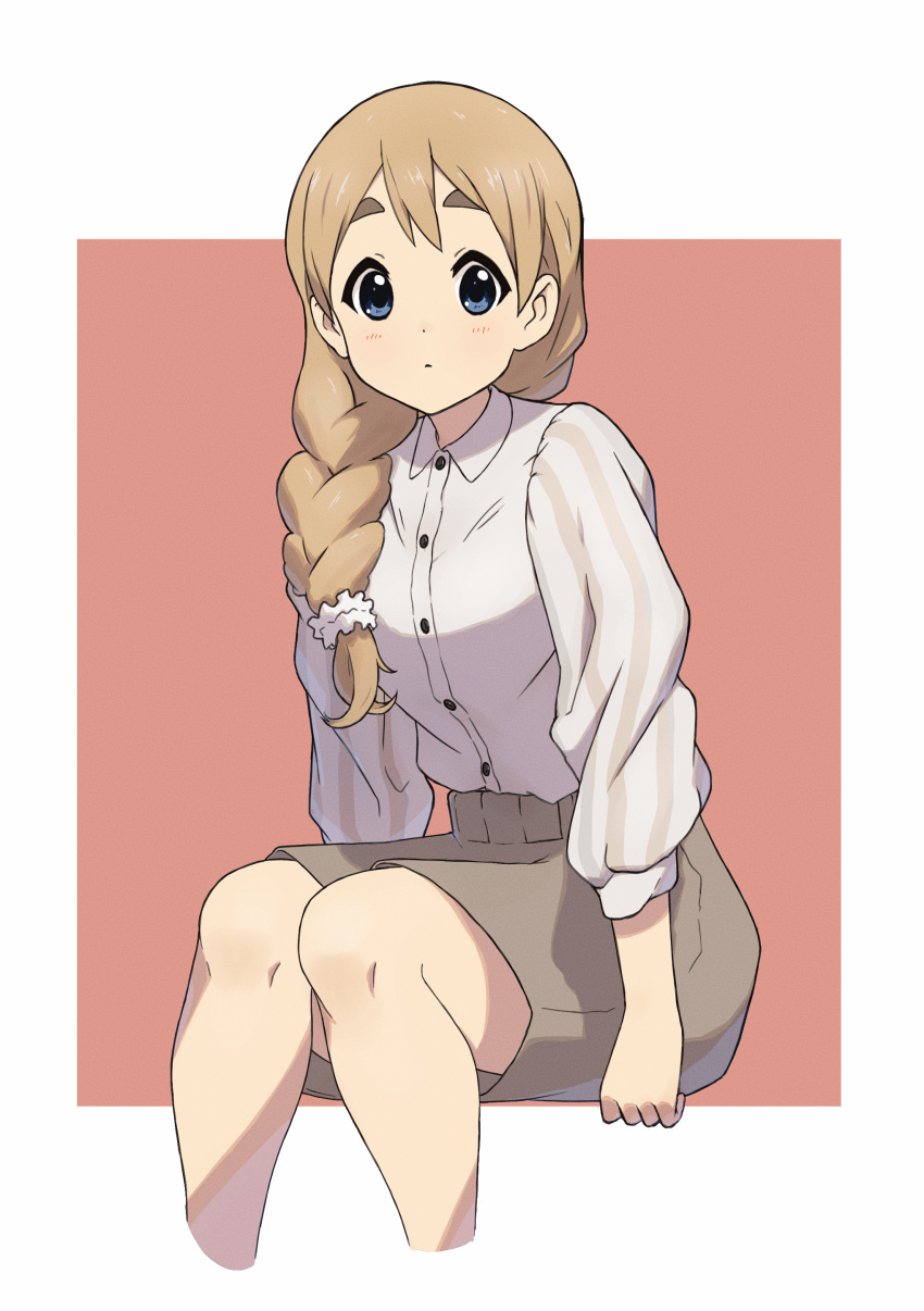 1girl absurdres bangs blonde_hair blouse blue_eyes braid brown_skirt closed_mouth collared_blouse commentary_request hair_ornament hair_scrunchie highres k-on! kicchi_(tmgk) kotobuki_tsumugi light_blush long_hair long_sleeves looking_at_viewer orange_background partial_commentary scrunchie single_braid skirt solo thick_eyebrows white_background white_blouse