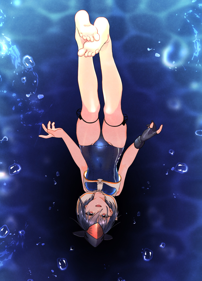 1girl asymmetrical_hair bangs barefoot black_gloves black_hair blue_swimsuit breasts feet framed_breasts gloves hair_between_eyes headgear highres i-13_(kancolle) kantai_collection one-piece_swimsuit open_mouth partially_fingerless_gloves pink_eyes sailor_collar shishanmo single_glove sleeveless soles solo swimsuit swimsuit_under_clothes underwater upside-down water white_sailor_collar