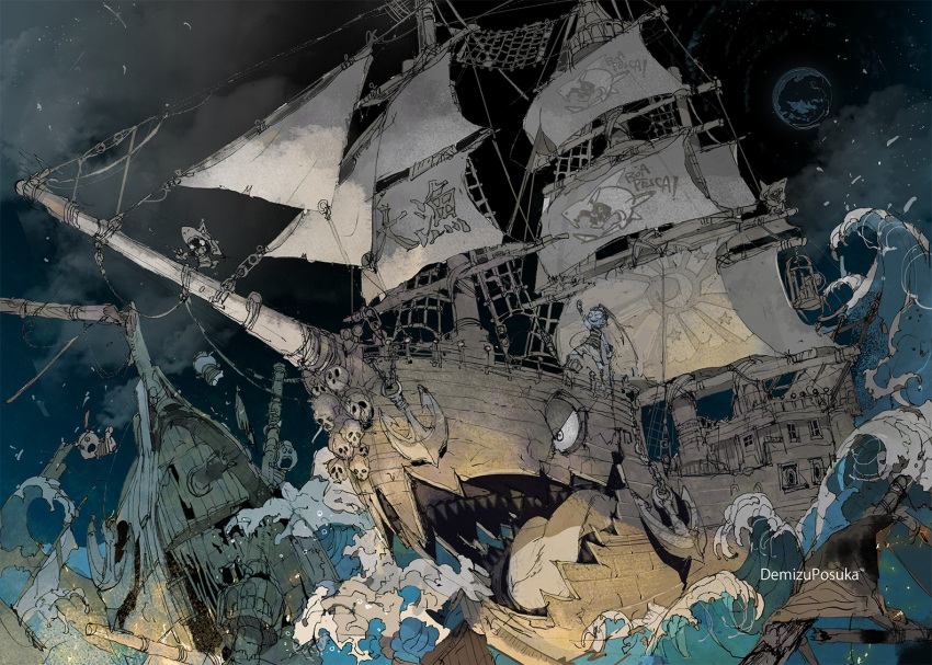 1boy 3others anchor artist_name chain clouds commentary_request damaged demizu_posuka multiple_others open_mouth original shark_print ship skull tongue watercraft waves