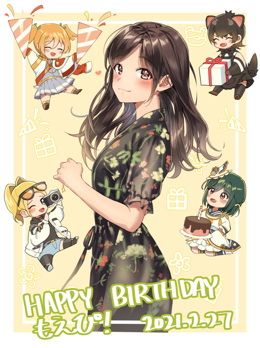 aiguillette bangs black_dress black_hair black_hoodie blonde_hair d4dj daiba_nana dark_green_hair dress epaulettes fang floral_print frilled_dress frills fur-trimmed_jacket fur_trim furisode green_ribbon hair_ribbon happy_birthday hat highres hood hoodie jacket japanese_clothes kemono_friends ketsui_no_hikari kimono koizumi_moeka love_live! love_live!_nijigasaki_high_school_idol_club love_live!_school_idol_festival_all_stars mifune_shioriko mini_hat namgic orange_eyes red_eyes ribbon sasago_jennifer_yuka short_hair short_twintails swept_bangs tasmanian_devil_(kemono_friends) twintails white_dress white_headwear yellow_belt