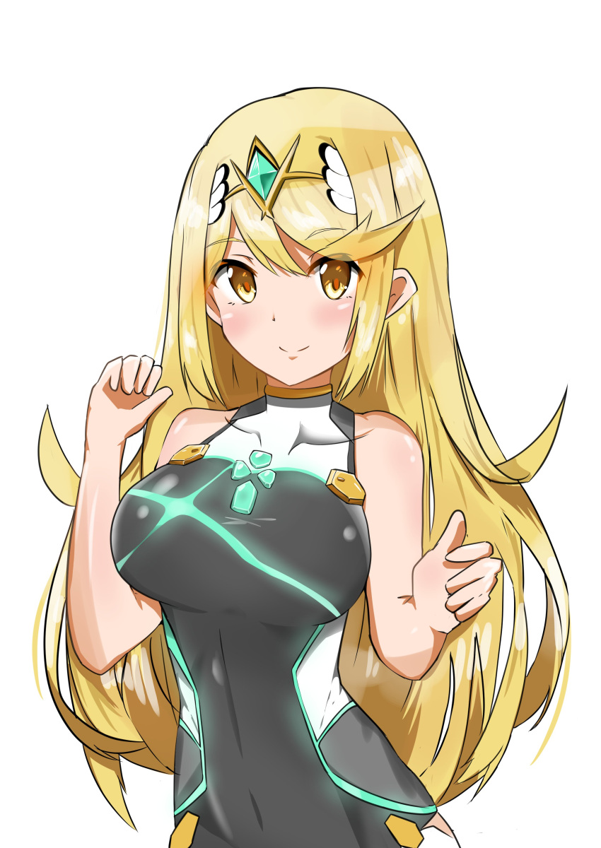 1girl absurdres aotsuba bangs blonde_hair breasts closed_mouth glowing hair_between_eyes hair_ornament highres long_hair looking_at_viewer mythra_(xenoblade) one-piece_swimsuit simple_background smile solo swimsuit white_background white_swimsuit xenoblade_chronicles_(series) xenoblade_chronicles_2 yellow_eyes