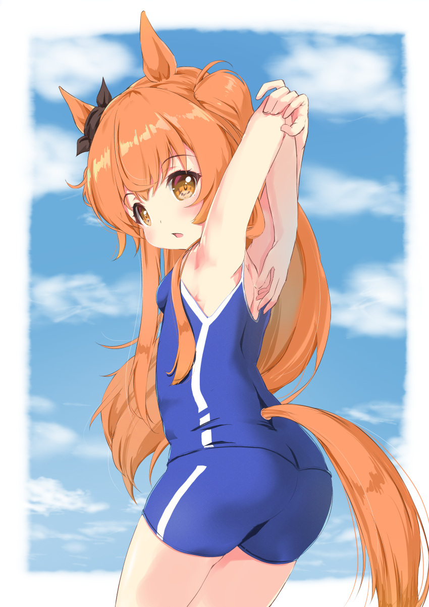 1girl absurdres animal_ears armpits arms_behind_head arms_up ass bangs bare_arms bare_shoulders black_ribbon blue_swimsuit blush brown_eyes chestnut_mouth clip_studio_paint_(medium) commentary_request day ear_ribbon eyebrows_visible_through_hair highres horse_ears horse_girl horse_tail long_hair maru_shion mayano_top_gun_(umamusume) one-piece_swimsuit orange_hair parted_lips ribbon solo stretch swimsuit tail twintails two_side_up umamusume very_long_hair