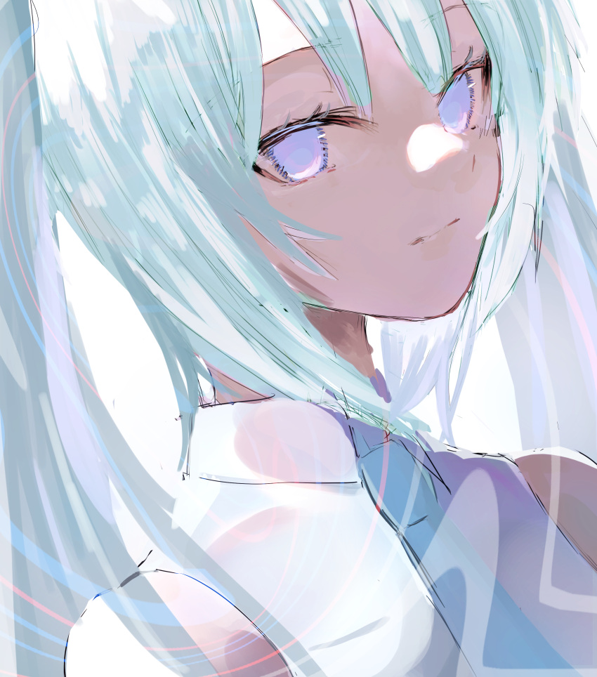 1girl absurdres blue_eyes blue_hair blue_neckwear collared_shirt commentary_request hatsune_miku highres long_hair necktie poono shirt simple_background sleeveless sleeveless_shirt solo twintails upper_body vocaloid white_background white_shirt