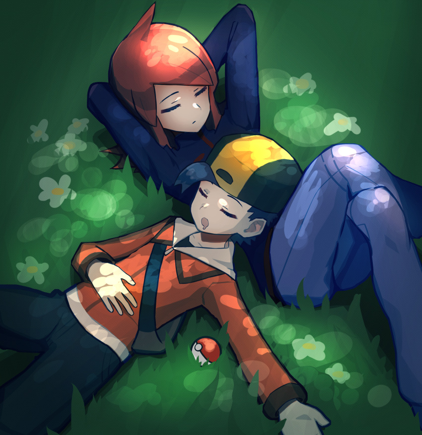 2boys agentpuppyone ahoge backwards_hat bag black_hair closed_mouth commission commissioner_upload crossed_legs drooling ethan_(pokemon) hat high_collar highres jacket lying male_focus medium_hair multiple_boys on_back open_mouth pants poke_ball pokemon pokemon_(game) pokemon_hgss redhead saliva short_hair silver_(pokemon) skeb_commission sleeping