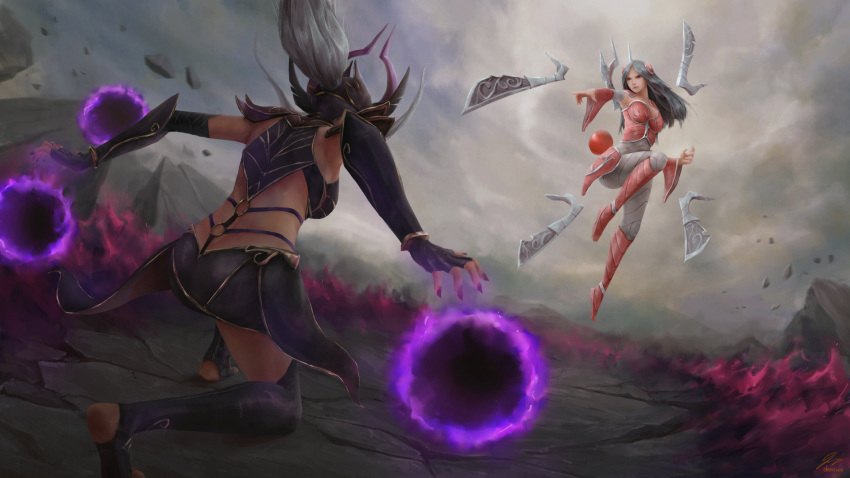 2girls armor back battle black_hair blade breastplate breasts debris energy_ball faulds fighting_stance fingerless_gloves fire firing floating floating_hair floating_object floating_sword floating_weapon from_behind full_body glaring gloves hair_ornament hair_through_headwear helmet highres irelia isaac_liew jumping league_of_legends leather_armor leather_skirt long_hair looking_at_another magic multiple_girls one_knee outstretched_arm purple_nails red_armor rubble shoulder_armor signature smoke sword syndra vambraces weapon white_hair winged_helmet