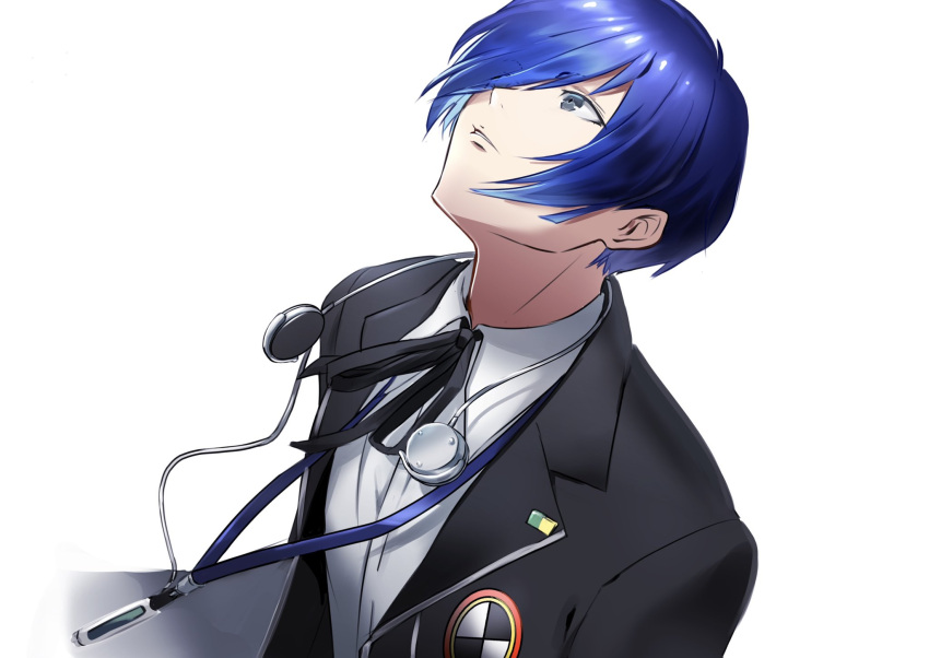 1boy black_jacket black_ribbon blue_eyes blue_hair collared_shirt dress_shirt eyes_visible_through_hair hair_over_one_eye highres igusaharu jacket looking_up neck_ribbon open_clothes open_jacket parted_lips persona persona_3 ribbon shiny shiny_hair shirt short_hair simple_background solo upper_body white_background white_shirt wing_collar yuuki_makoto