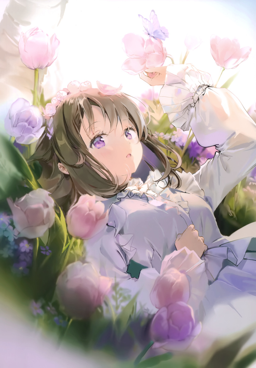 1girl absurdres anmi bangs blush brown_hair bug butterfly buttons detached_sleeves dress eyebrows_visible_through_hair flower frilled_dress frills hair_ornament hand_up highres insect long_hair long_sleeves looking_at_viewer lying on_back open_mouth original petals pink_flower purple_flower scan shiny shiny_hair simple_background solo violet_eyes