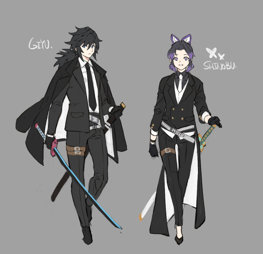 1boy 1girl alternate_costume bangs belt black_coat black_footwear black_gloves black_hair black_jacket black_neckwear black_pants blue_eyes butterfly_hair_ornament coat gloves grey_background hair_between_eyes hair_ornament highres holding holding_sheath holding_sword holding_weapon jacket jacket_on_shoulders katana kimetsu_no_yaiba kochou_shinobu long_hair long_sleeves multicolored_hair necktie pants papajay_(jennygin2) ponytail purple_hair sheath sheathed shirt simple_background sword tomioka_giyuu unsheathed violet_eyes weapon white_neckwear white_shirt