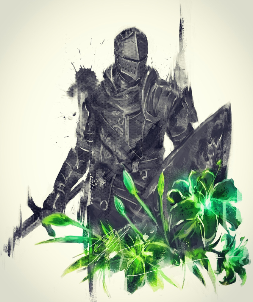 1girl ambiguous_gender anri_of_astora armor flower full_armor green_flower green_theme helmet highres holding holding_shield holding_sword holding_weapon monochrome pauldrons shield shimhaq shoulder_armor solo souls_(series) sword upper_body weapon