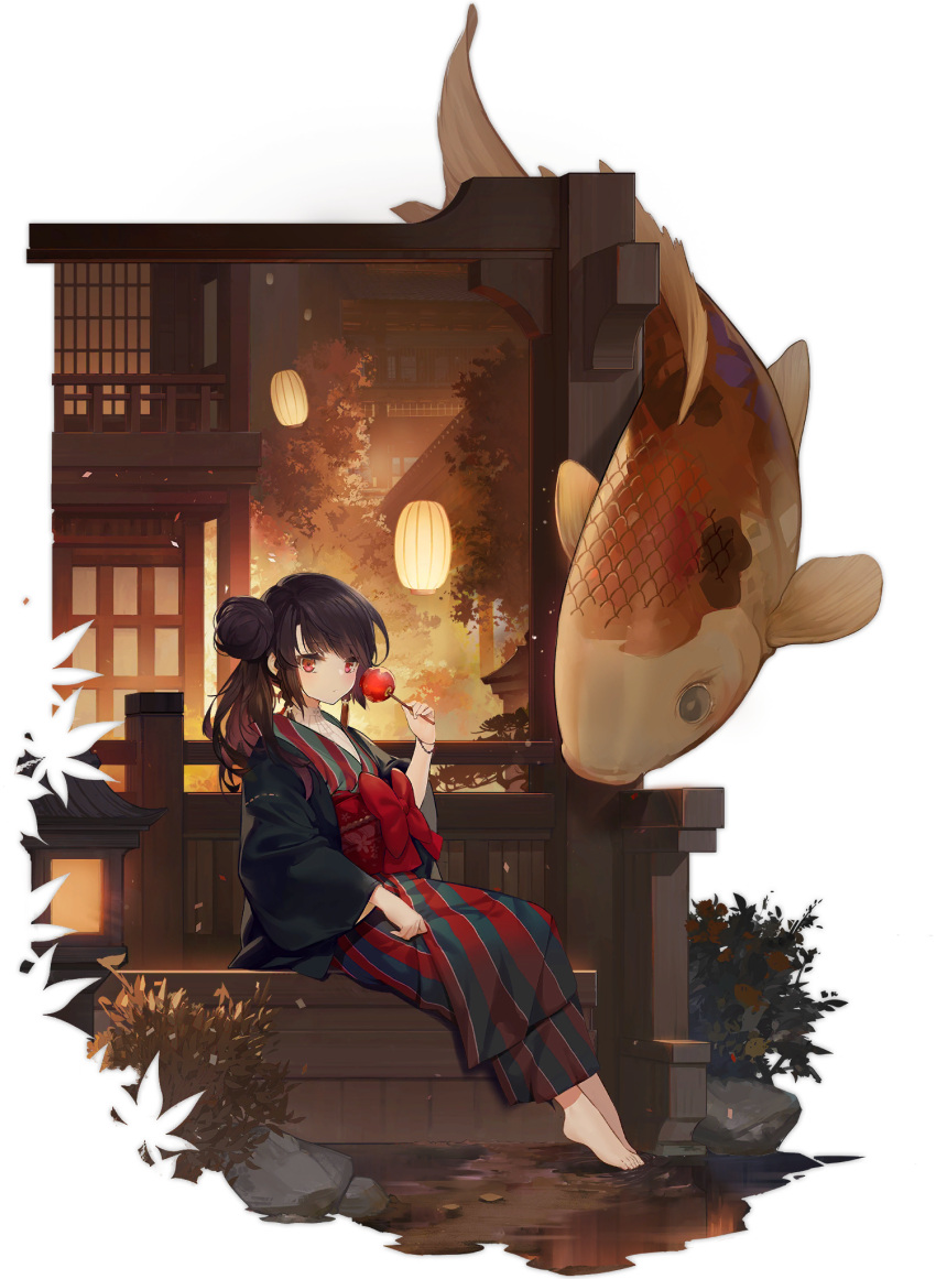 1girl animal architecture artist_request azur_lane barefoot black_hair east_asian_architecture from_side hair_bun highres japanese_clothes kimono lantern looking_at_viewer official_alternate_costume official_art oversized_animal red_eyes sitting transparent_background wide_sleeves yukata z2_georg_thiele_(azur_lane) z2_georg_thiele_(of_koi_and_evening_hues)_(azur_lane)