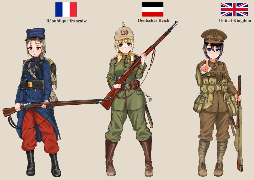 3girls absurdres ammunition_pouch ankle_boots backpack bag belt belt_buckle black_hair blonde_hair blue_eyes blush bolt_action boots braid brown_eyes buckle canteen commentary entrenching_tool french_flag green_eyes gun hat helmet highres imperial_german_flag lebel_model_1886 lee-enfield load_bearing_equipment long_hair looking_at_viewer mauser_98 military military_uniform multiple_girls open_mouth original peaked_cap pickelhaube pointing pouch puttee rifle ryuukihei_rentai silver_hair simple_background single_braid sling smile soldier twintails uniform union_jack weapon world_war_i
