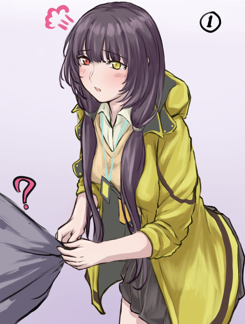 1girl 3_small_spiders =3 ? bangs black_hair black_skirt blush collared_shirt eyebrows_visible_through_hair girls_frontline heterochromia highres id_card jacket long_hair open_clothes open_jacket open_mouth pulling red_eyes ro635_(girls_frontline) shirt skirt solo_focus sweater_vest yellow_eyes yellow_jacket