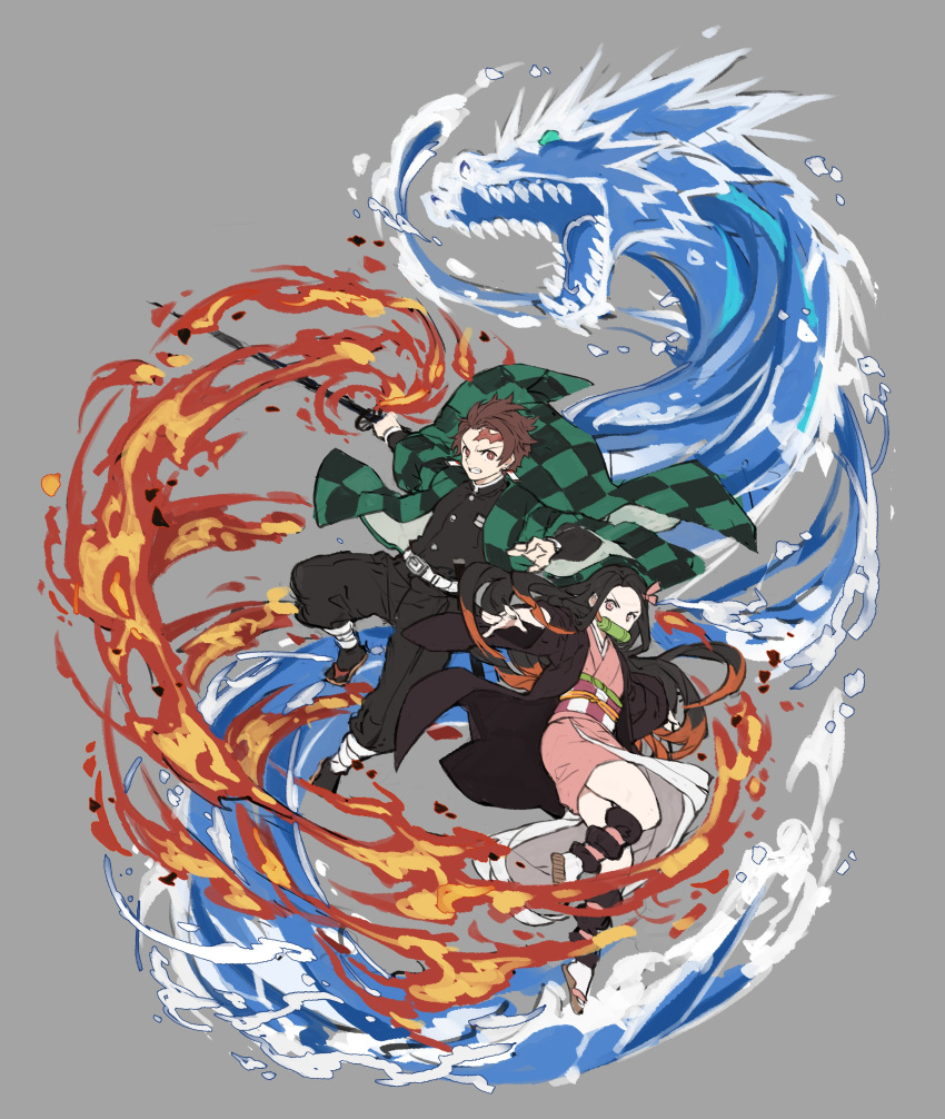 1boy 1girl absurdres belt bit_gag black_hair black_haori black_pants brother_and_sister brown_hair checkered_haori clenched_teeth dragon earrings fire gag grey_background hair_ribbon haori highres holding holding_sword holding_weapon japanese_clothes jewelry kamado_nezuko kamado_tanjirou katana kimetsu_no_yaiba kimono long_hair obi pants papajay_(jennygin2) pink_kimono ribbon sash scar scar_on_face siblings simple_background sword teeth water weapon