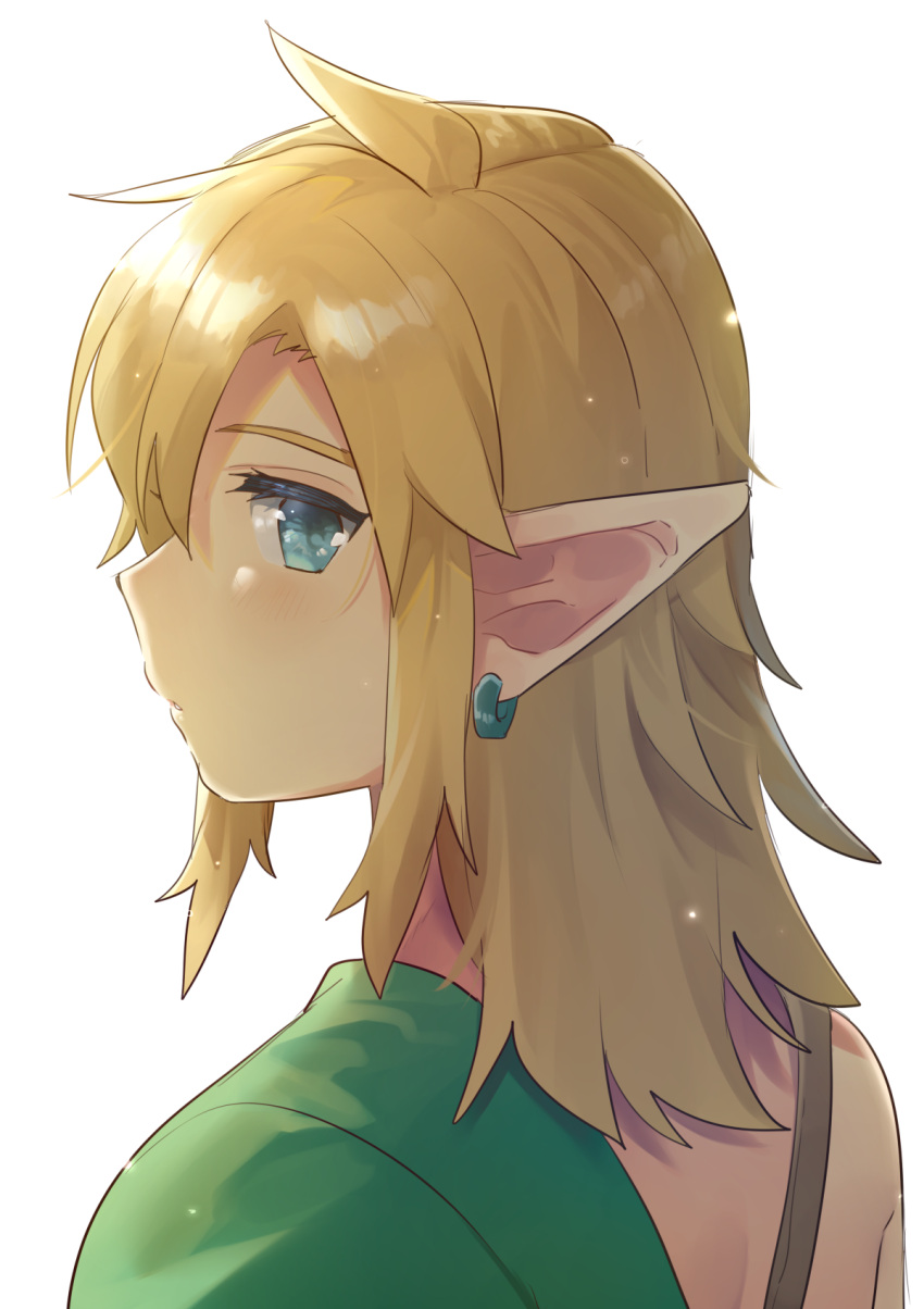 1boy bangs blonde_hair blue_eyes commentary_request earrings from_side highres jewelry link looking_at_viewer medium_hair pointy_ears profile simple_background single_bare_shoulder solo the_legend_of_zelda the_legend_of_zelda:_breath_of_the_wild ttanuu. white_background