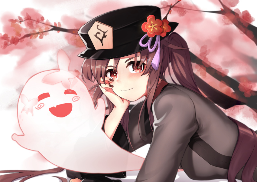 1girl absurdres arm_support bangs black_hair black_nails cherry_blossoms chinese_clothes commentary_request eyebrows_visible_through_hair flower genshin_impact ghost hair_between_eyes hat hat_flower hat_ornament head_rest highres hu_tao_(genshin_impact) long_hair long_sleeves looking_at_viewer lying on_stomach red_eyes sidelocks smile symbol-shaped_pupils yuking