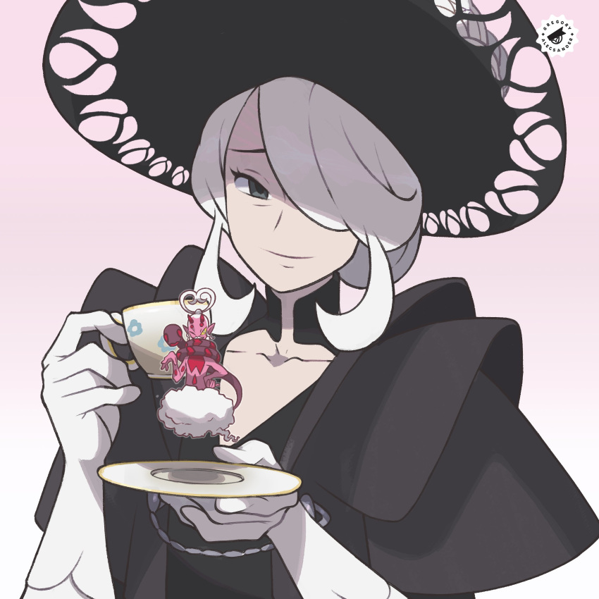 1girl absurdres black_choker black_headwear choker closed_mouth cogita_(pokemon) collarbone commentary cup enamorus_(incarnate) eyelashes gloves gregory_alecsander grey_eyes hair_over_one_eye hands_up hat highres holding holding_cup holding_saucer medium_hair pokemon pokemon_(game) pokemon_legends:_arceus raised_eyebrows saucer smile upper_body white_gloves white_hair