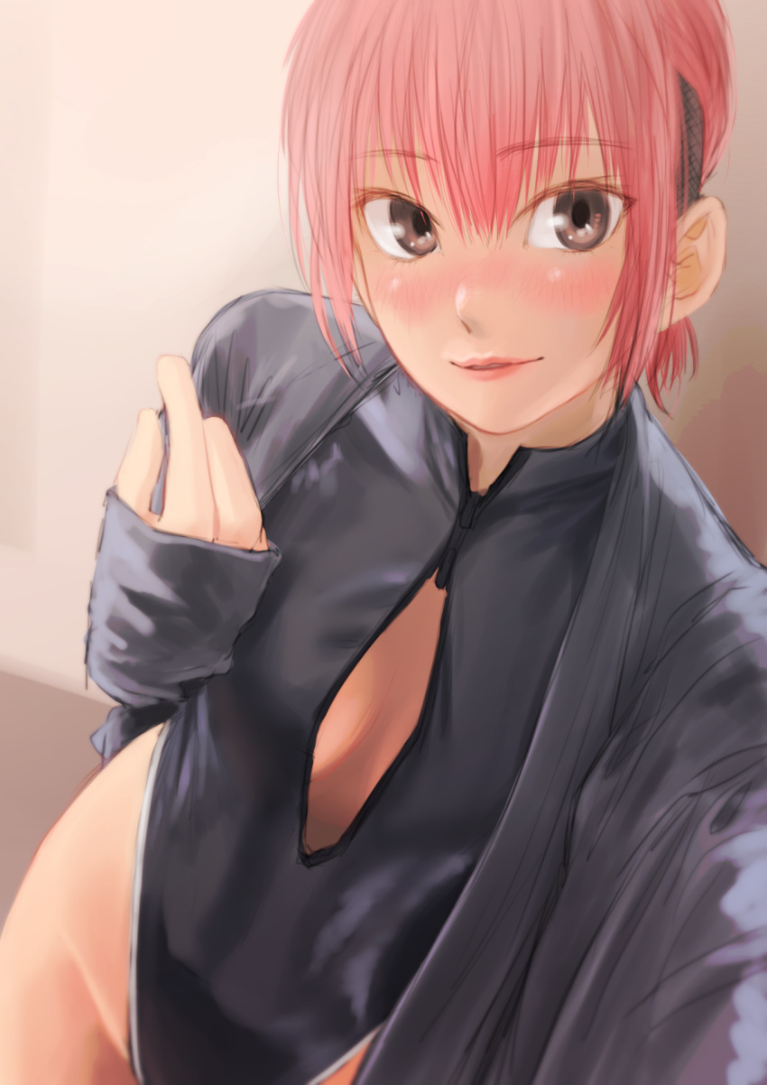 1girl blush buzz_cut cleavage_cutout closed_mouth clothing_cutout competition_swimsuit front_zipper_swimsuit grey_jacket grey_swimsuit highleg highleg_swimsuit highres jacket kilye_kairi looking_at_viewer meme_attire one-piece_swimsuit open_clothes open_jacket original parted_lips pink_hair pink_lips short_hair sleeves_past_wrists smile solo standing swimsuit upper_body very_short_hair