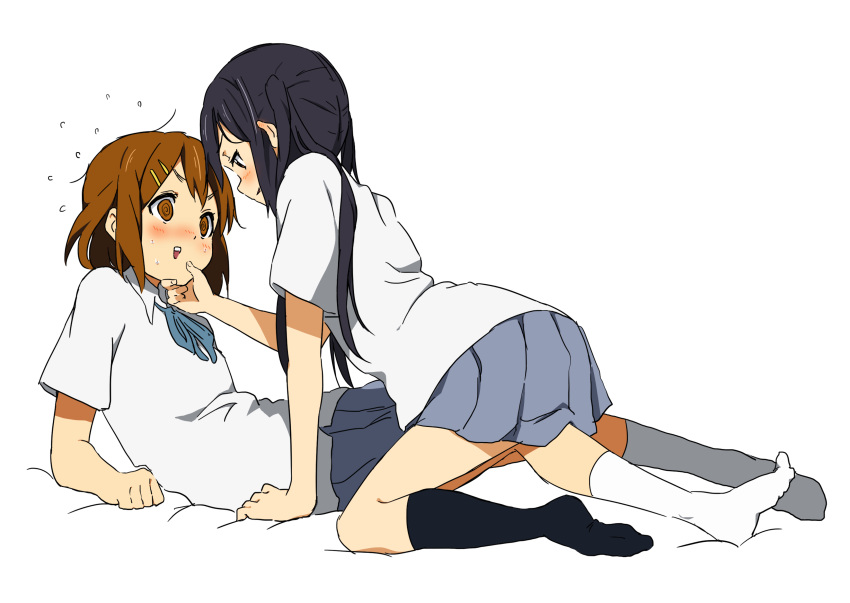 2girls @_@ absurdres arm_support black_hair blush brown_hair commentary_request flying_sweatdrops girl_on_top hair_ornament hairclip hand_on_another's_chin highres hirasawa_yui k-on! kicchi_(tmgk) kneeling long_hair lying multiple_girls nakano_azusa on_back short_hair twintails yuri
