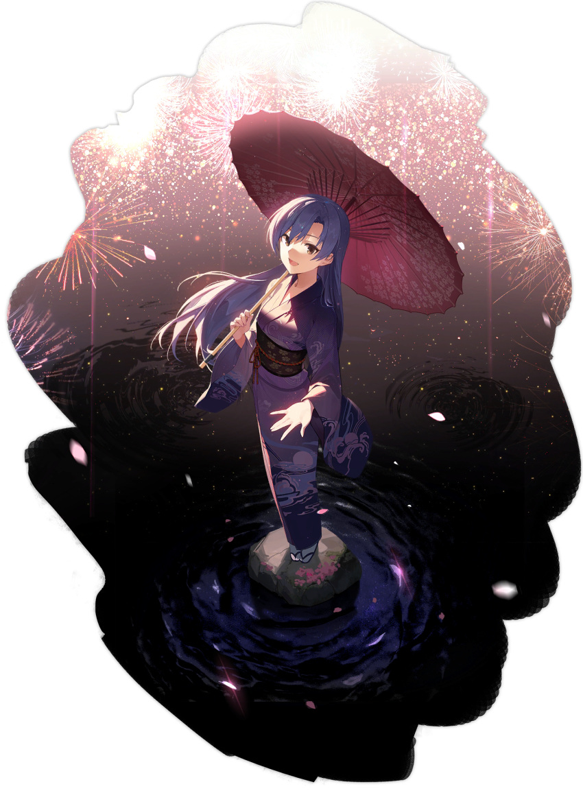 1girl artist_request azur_lane blue_hair blush breasts brown_eyes closed_eyes fireworks highres idolmaster idolmaster_(classic) japanese_clothes kimono kisaragi_chihaya kisaragi_chihaya_(mirror_of_heavenly_flowers) long_hair official_alternate_costume official_art oil-paper_umbrella open_mouth reflection rock small_breasts smile solo transparent_background umbrella water yukata