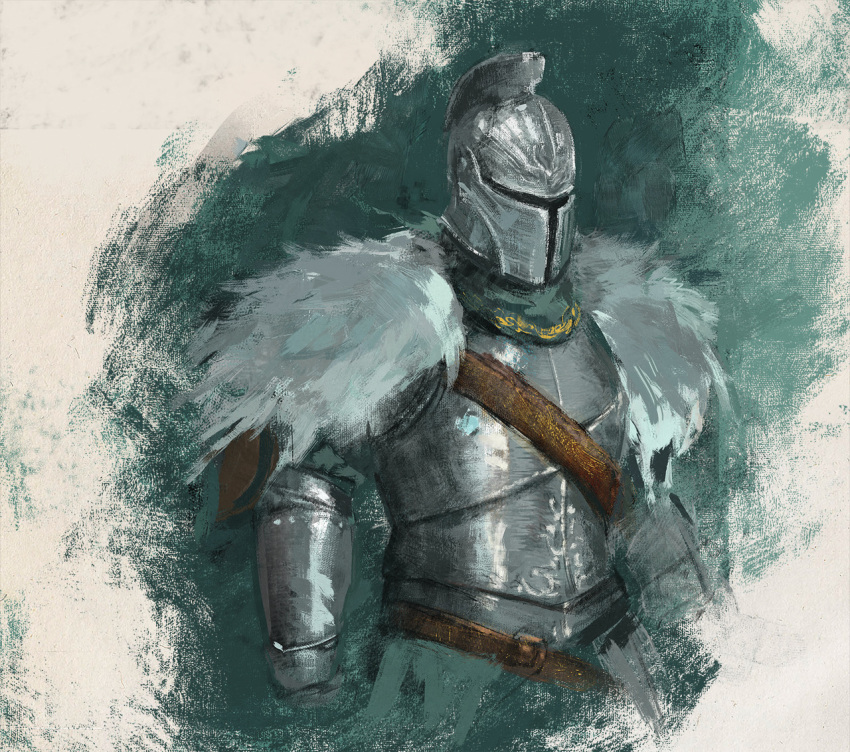 1other ambiguous_gender armor bearer_of_the_curse breastplate commentary dark_souls_ii english_commentary full_armor green_background helmet knight shimhaq solo souls_(series) upper_body