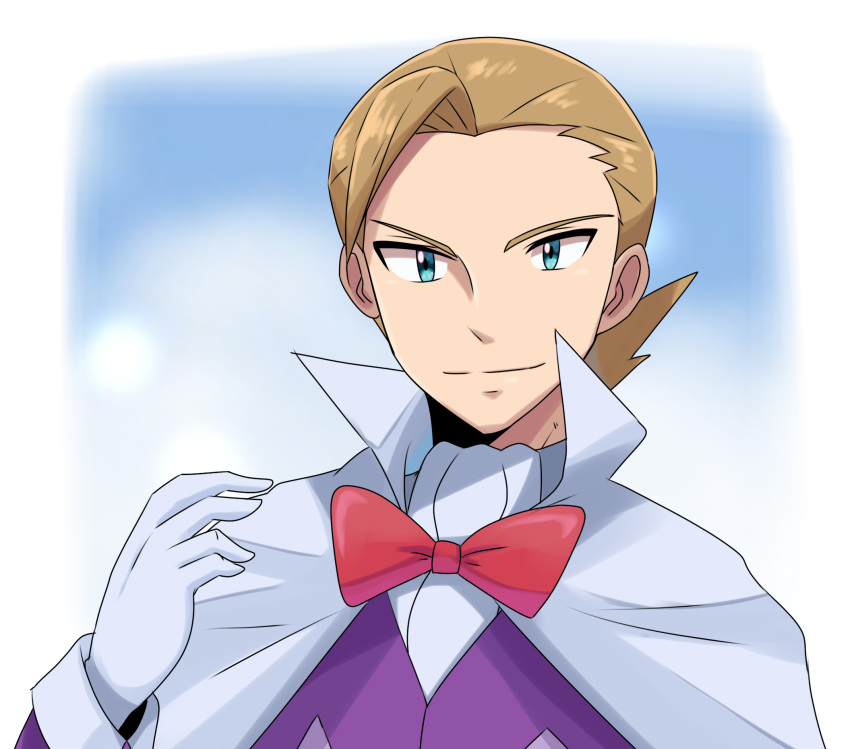 1boy bangs bow cloak closed_mouth commentary_request eusine_(pokemon) gloves green_eyes hand_up highres jacket light_brown_hair long_sleeves looking_at_viewer male_focus pokemon pokemon_(game) pokemon_hgss popped_collar purple_jacket red_bow saon101 smile solo white_cloak