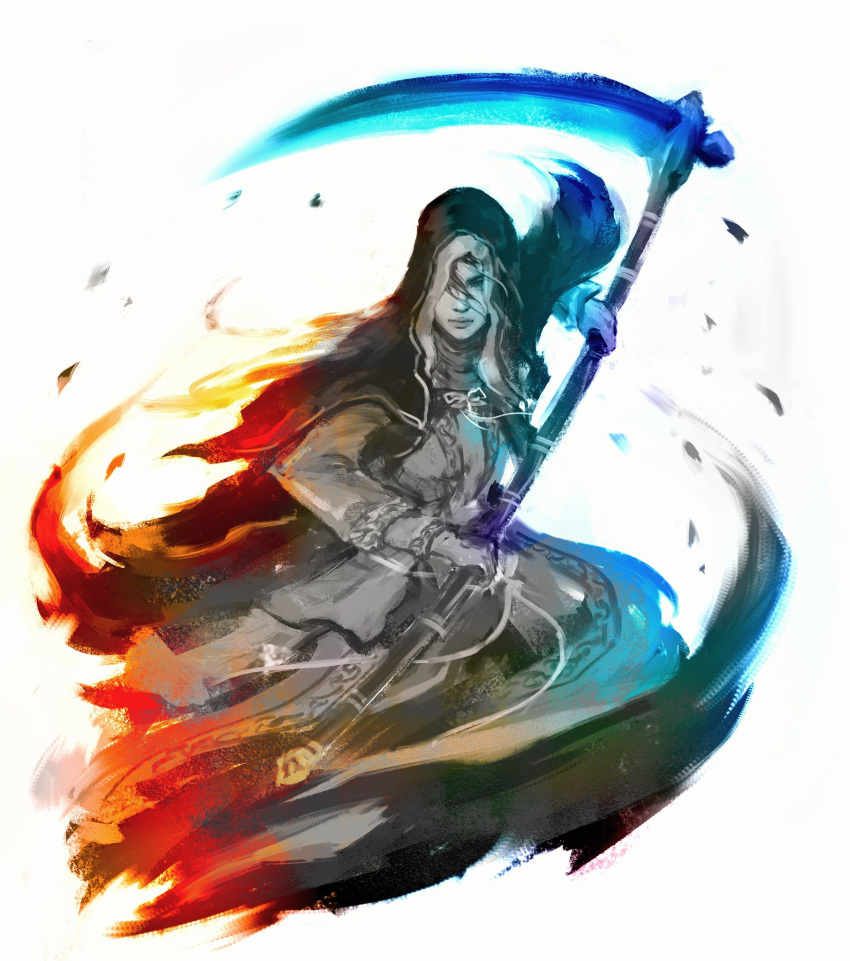 1girl ashes_of_ariandel blue_theme closed_mouth dark_souls_iii fighting_stance hair_over_one_eye helmet highres holding holding_scythe holding_weapon hood hood_up long_hair looking_at_viewer nun one_eye_covered red_theme scythe shimhaq sister_friede solo souls_(series) weapon