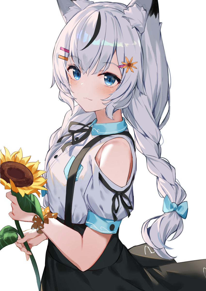 1girl :3 absurdres animal_ears black_skirt blue_eyes blush braid closed_mouth clothing_cutout collared_shirt dog_ears flower frog_hair_ornament hair_ornament hairclip hasuki_aoi high-waist_skirt highres holding holding_flower indie_virtual_youtuber isaya_(pixiv4541633) multicolored_hair neck_ribbon puffy_short_sleeves puffy_sleeves ribbon scrunchie shirt short_sleeves shoulder_cutout silver_hair simple_background skirt smile solo streaked_hair sunflower suspender_skirt suspenders twin_braids twintails white_background white_shirt wrist_scrunchie